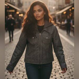 NEW Indigo Threads Stylish Vegan Faux Leather Full Zip Hooded Jacket Size Small